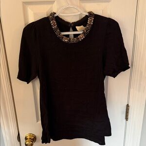 Anthropologie Black Short Sleeve Top with Beaded Collar